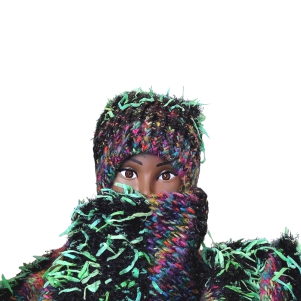 Slouch Bohemian Hat & Scarf Wrap Set Multi-Color Girls Med. Size OOAK - Picture 6 of 8